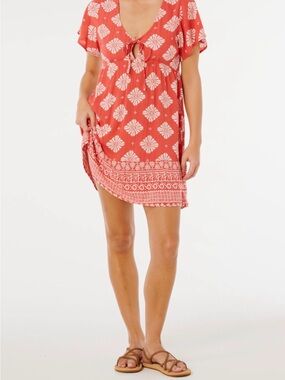 Rip Curl Coral Tie-Front Printed Beach Coverup Dress